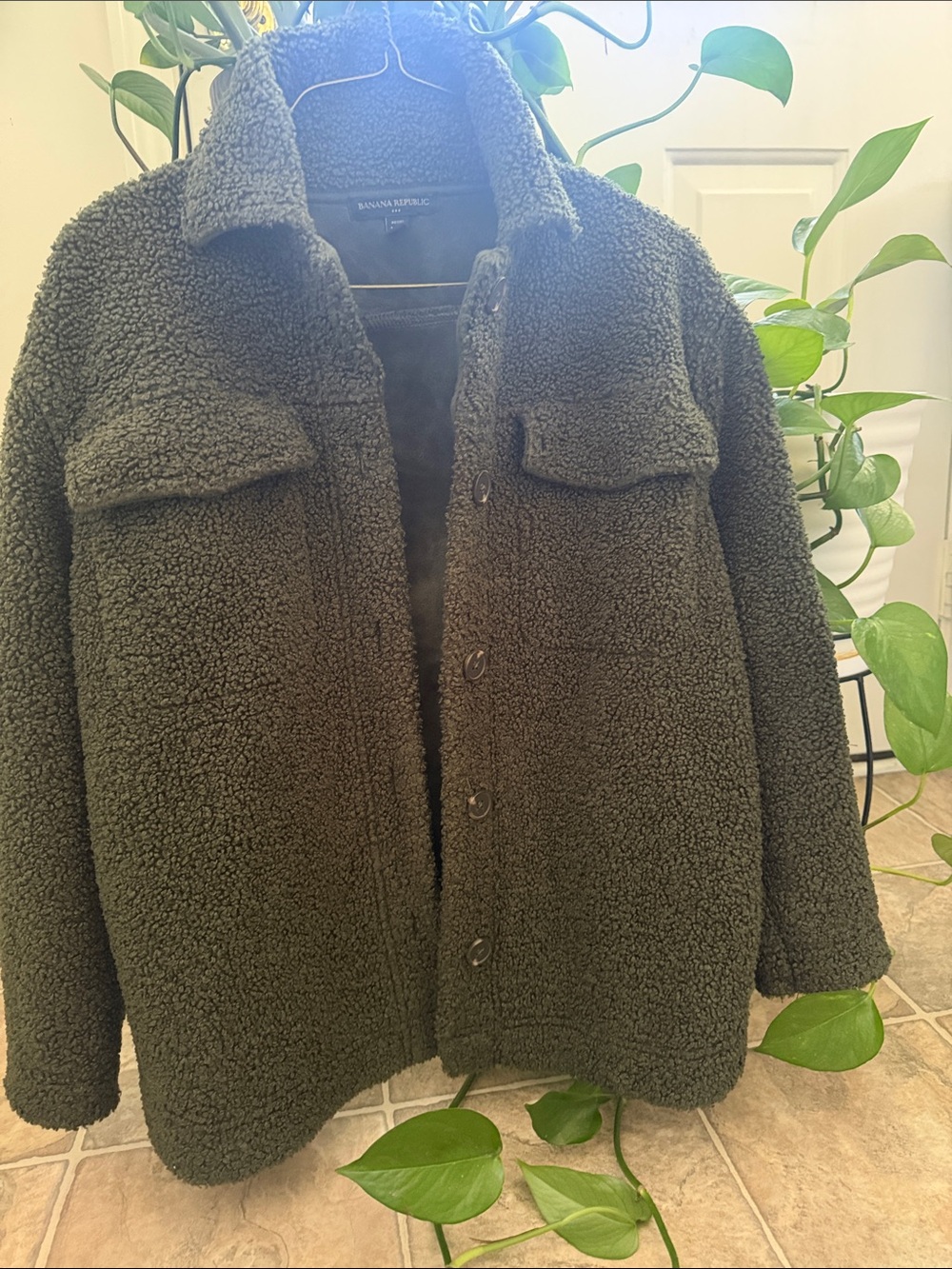 Banana Republic Olive Green Sherpa Button Jacket